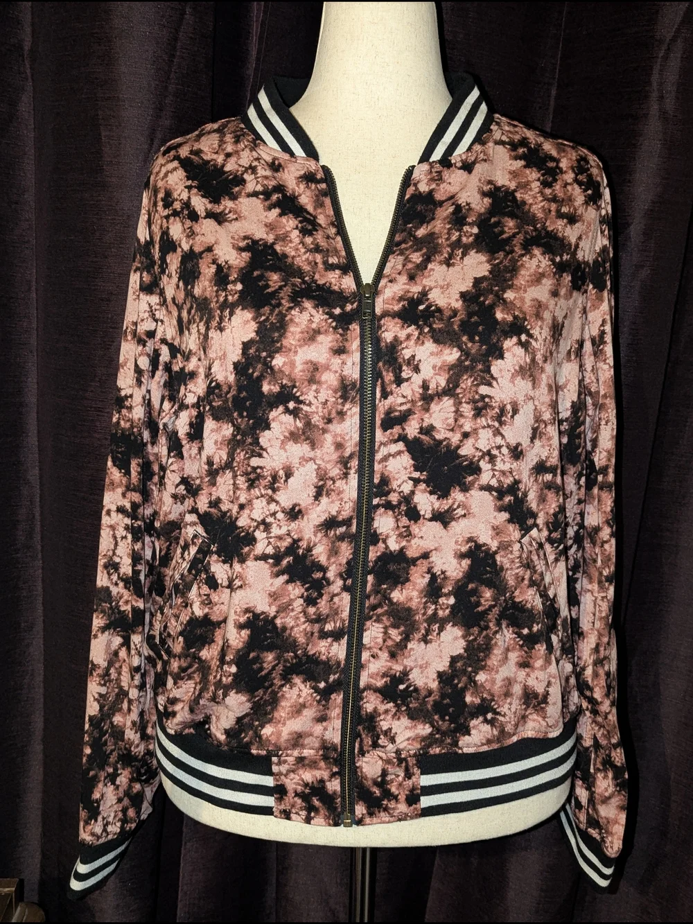 TORRID Pink & Black Tie-Dye Bomber Jacket with Stripe Trim 1X (14-16) NWT